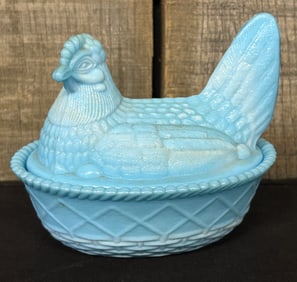 Blue Opaline Milk Slag Glass Nesting Chicken Bowl - Hen On Nest 4"X5.5"X4.5"