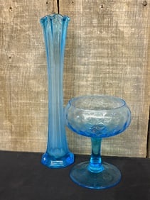 Vintage Empoli Blue Optic Italian At Glass Candy Dish (4"X4"X6") With Vintage Blue Glass Bud Vase