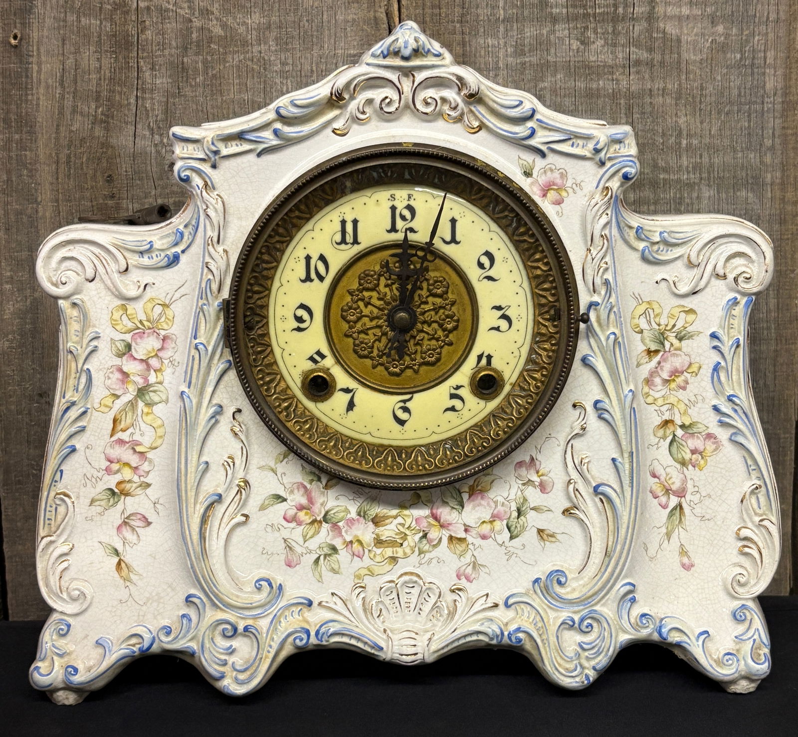 Ansonia Dresden Floral Decorated Porcelain Mantel Shelf Clock 1882-1930 With Key; 5"X12"X11" (1 of 7)