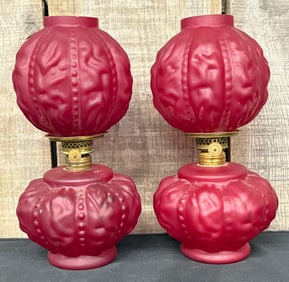 Pair Of Antique Victorian Red Satin Art Glass Miniature Oil Lamps 4"X4"X10"