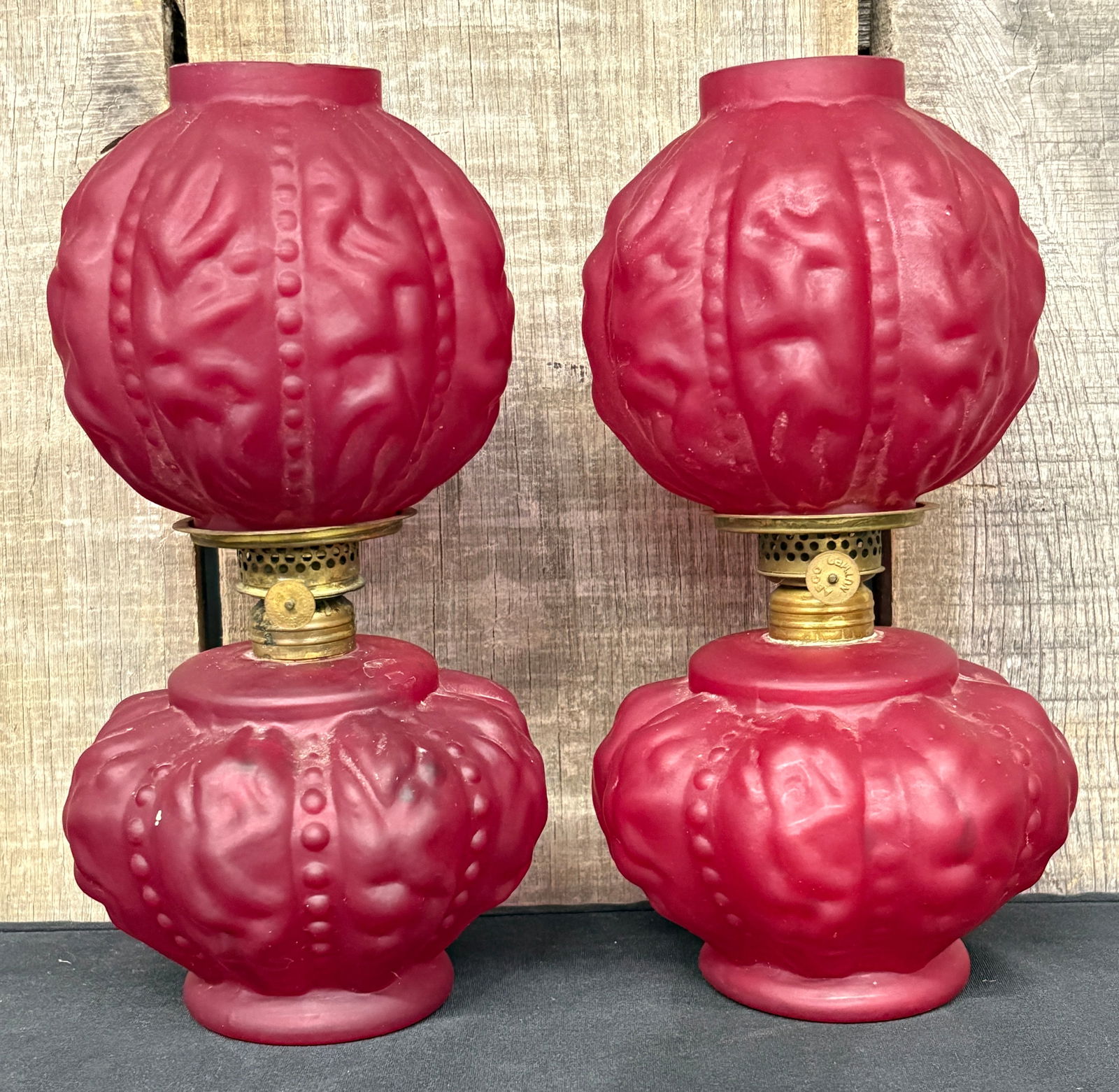 Pair Of Antique Victorian Red Satin Art Glass Miniature Oil Lamps 4"X4"X10" (1 of 6)