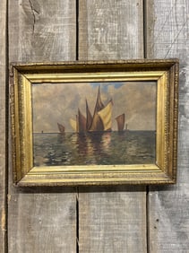 Early Oil On Board Depicting Sailboats At Sea In Antique Golden Frame 17"X14"