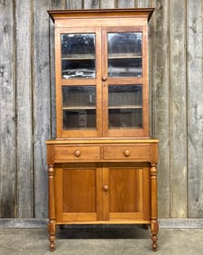Excellent Early Kentucky Cherry Jackson Press; Glass Door On Tall Turned Legs 22"X43"X92"