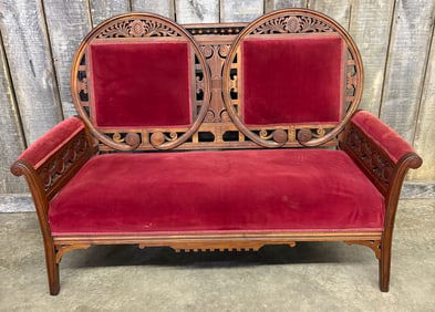 Antique Carved Victorian Parlor Style Decorated Red Upholstered Sofa 27"X56"X40"