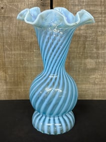Vintage Fenton Blue Opalescent Glass Ruffled Edge Vase 5"X5"X9"