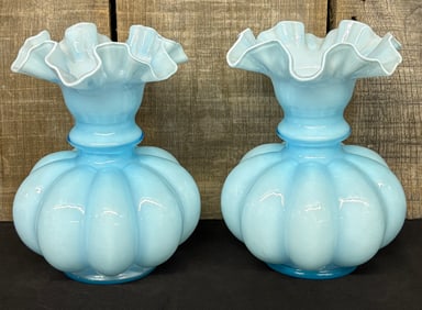 Pair Of Vintage Fenton Blue Melon Vases 6"X6"X8"