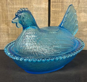 Vintage Blue Glass Hen On Nest Covered Dish 7"X5"X6"