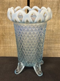 Blue Opalescent Imperial Glass Footed Vase 3"X3"X5"
