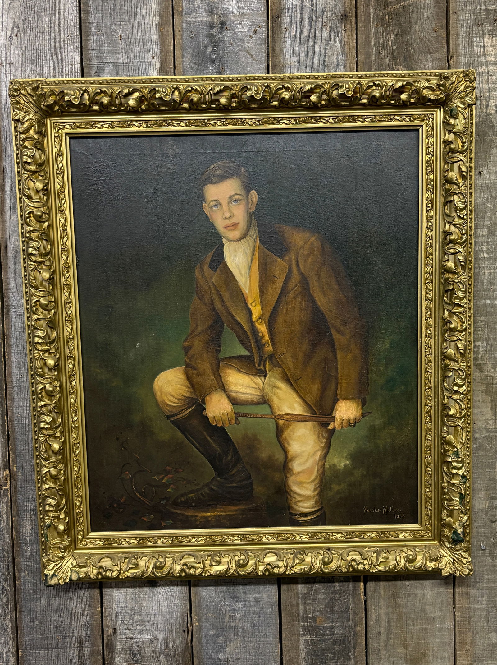 1958 Oil On Canvas Of Artist Norma Lee McGee's Late Son In Large Antique Golden Frame 38"X43"X4" (1 of 7)