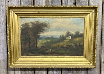 Antique Oil On Canvas Painting In Beautiful Golden Frame; Depicting Woman With Cattle In The