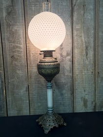 Antique Victorian Banquet Lamp With Hobnail Milk Glass Shade 9"X9"X34"