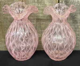 Pair Of Pink Fenton Style Ruffled Edge Art Glass Vases 6"X11"