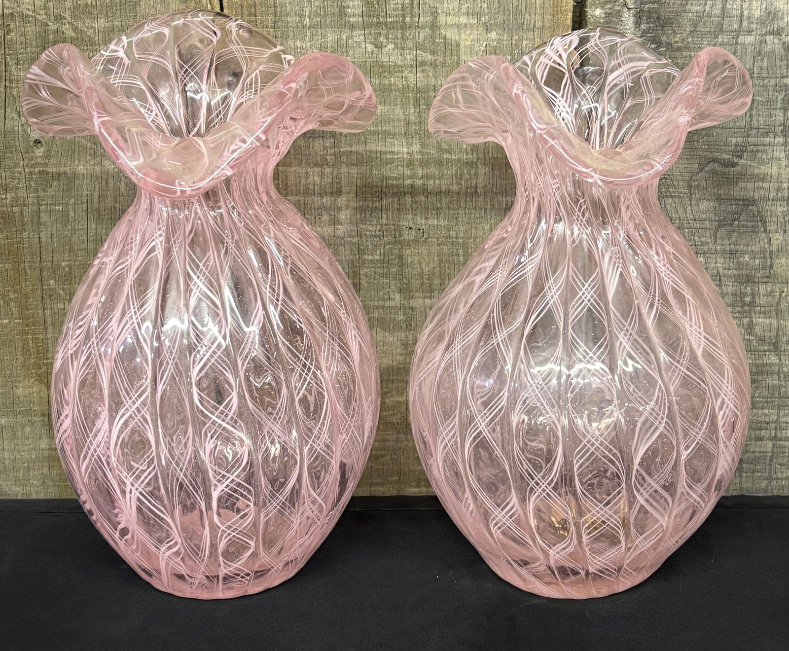 Pair Of Pink Fenton Style Ruffled Edge Art Glass Vases 6"X11" (1 of 4)