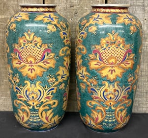 Pair of Vintage 80s Asian Baroque Revival Porcelain Vase 6"X6"X15"