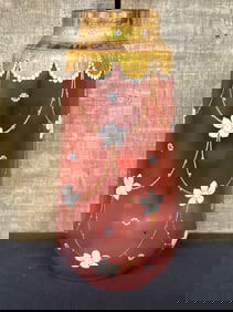 Cranberry and Gold Hand Painted Vase, Believe Czech 4.5"X4.5"X10"