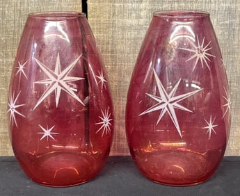 Two (2) Matching Bartlett Collins Pink Cranberry Atomic Starburst Vases 4"X4"X7"
