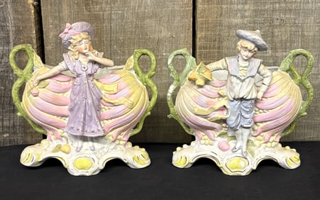 Antique German Made Bisque Porcelain Figural Planters 3"X6"X7"