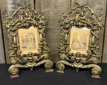 Antique Gilded Cast Iron Frames with Etching/ Print 6"X9"X15"