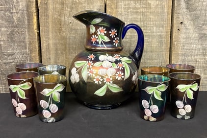 C. 1910 Enameled Cherries And Blossoms Fenton Royal Blue Pitcher - 8 Tumblers (Pitcher 7"X7"X10")