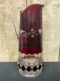 Vintage 52 Oz Pitcher King's Crown Ruby Red Flash US GLASS Fern Leaf & Berries 5"X6"X12"