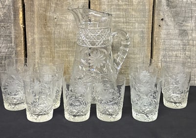 ABP Antique American Brilliant Cut Glass 10" Water Pitcher With Twelve (12) Matching Tumblers