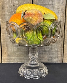 L.E. Smith Moons and Stars Clear Compote with Beaded Faux Fruit 9.5"X9.5"X14"