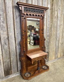 Eastlake Victorian Hall Tree With Red Tennessee Marble, Entryway Furniture 15"X41"X88"