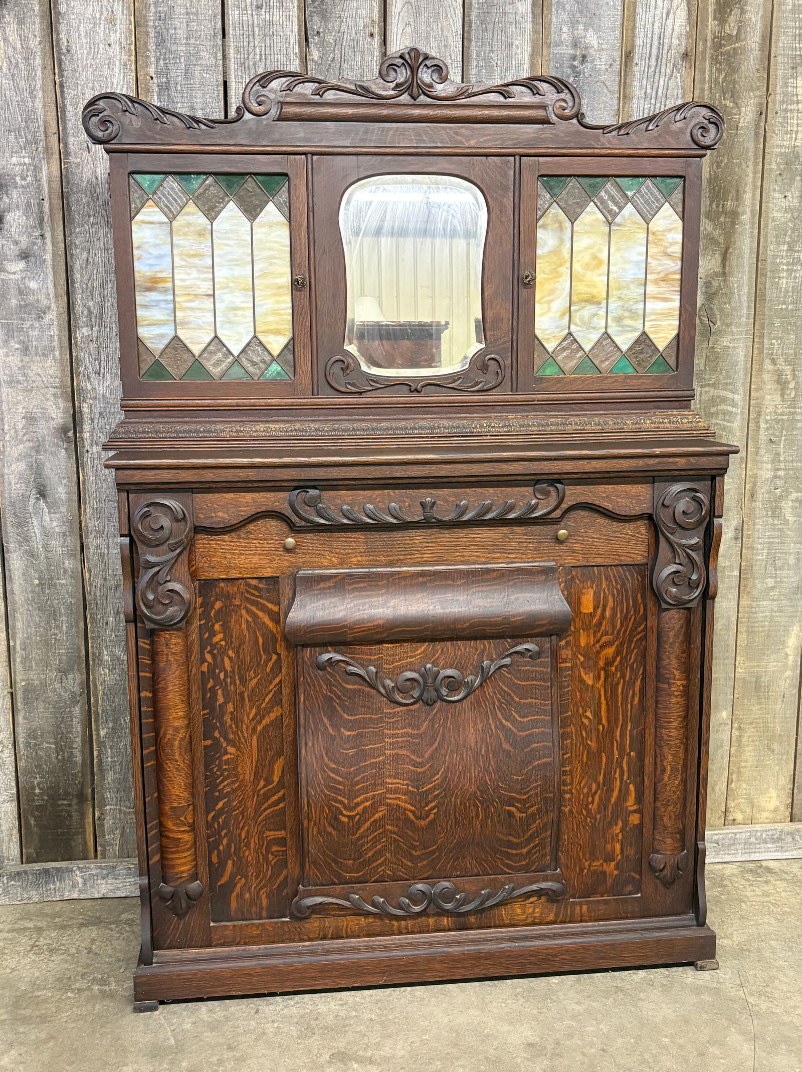C. 1910 Tiger Oak And Stained - Slag Glass Murphy Bed, By Bensinger Outfitting Co., Louisville, KY. (1 of 13)