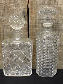 Two (2) Cut Glass Style Cube Pattern Decanters 4"X4"X10"