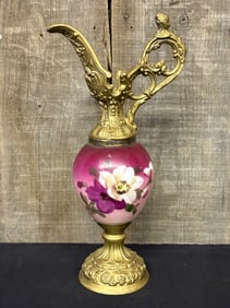 Victorian Ornate Hand Painted Cherub Figural Urn Vase Handle Pitcher 4"X6"X13"