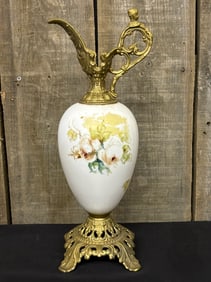 Victorian Ornate Hand Painted Cherub Figural Urn Vase Handle Pitcher 4"X5"X16"
