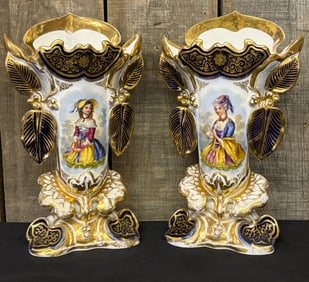 Pair of Antique French Vieux Paris Porcelain Vases with Portraits, 1900s 5"X9"X15"