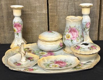 Antique Hand Painted Porcelain Dresser - Vanity Set With Tray - Candle Holders (Tray 9"X11")