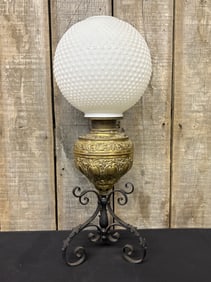 Antique Decorated Brass Lamp On Wrought Iron Base With White Hobnail Glass Shade 8"X8"X24"