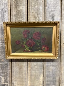 1918 Oil On Canvas Roses Depiction In Golden Frame Signed "N. Taylor 1918" Measuring 17"X22"