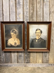 Pair Of 19th Century Portraits Of Taylorsville, KY. Husband-Wife In Large Antique Wooden Frames