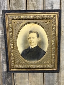 Antique Framed Portrait Of Man With Gold-Black Decorated Wooden Frame 27"X31"
