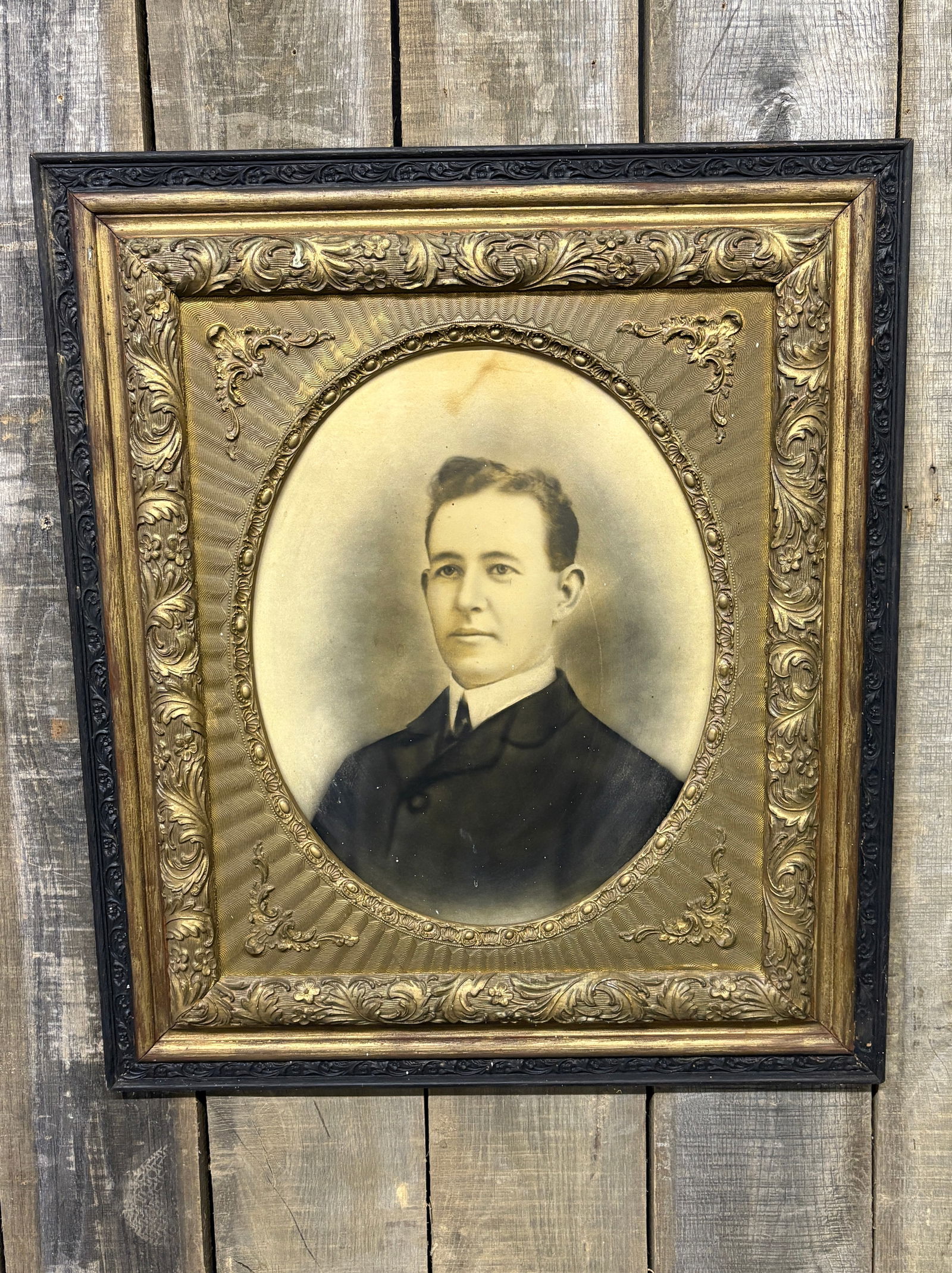 Antique Framed Portrait Of Man With Gold-Black Decorated Wooden Frame 27"X31" (1 of 7)
