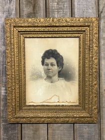 Early Antique Portrait In Highly Detailed - Decorated Wooden Gold Frame 26"X31"