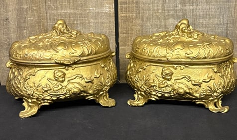 Pair Of Early French Gilt Style Cherub Figural Jewelry Boxes 4"X6"X5"