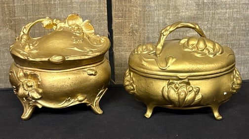 Pair Of Early French Gilt Style Cherub Figural Jewelry Boxes 3"X5"X4"