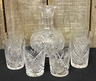Cut Glass Decanter With Six (6) Tumblers 5"X5"X8"