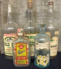 Lot Of Old Kentucky Bourbon - Gin Bottles With Early Medical Cure-All Glass Bottle 3.5"X3.5"X12"
