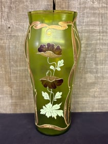 Antique Hand Painted Art Deco Style Decorated Glass Vase 4"X9.5"