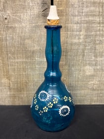 Antique Turquoise Blue Glass Pontiled Barber Bottle With Enameled Flower Decoration 3.5"X9.5"