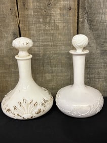 Pair Of Victorian Milk Glass Decanters 6"X6"X10"