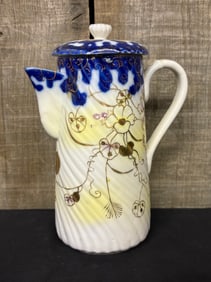 Vintage Japanese Chocolate Pot Hand Painted Blue - White 4"X6"X8"