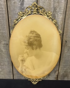 Antique Framed Portrait Of Woman Smelling Flower 15X25"
