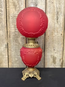 Victorian Gone With The Wind Style Red Oil Lamp, Corded; Working; Measuring 9"X9"X24"
