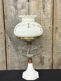 Antique Oil Lamp With Hand Painted Shade And White Glass Base; Corded; Working; Measuring 8"X21"